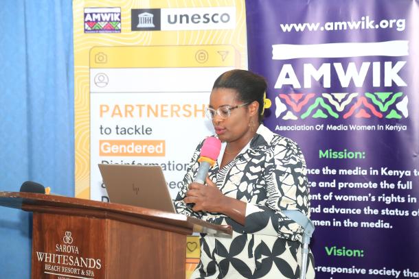 Esther Ingolo, Director of Gender and Disability Mainstreaming in Mombasa County, opens the workshop. © AMWIK